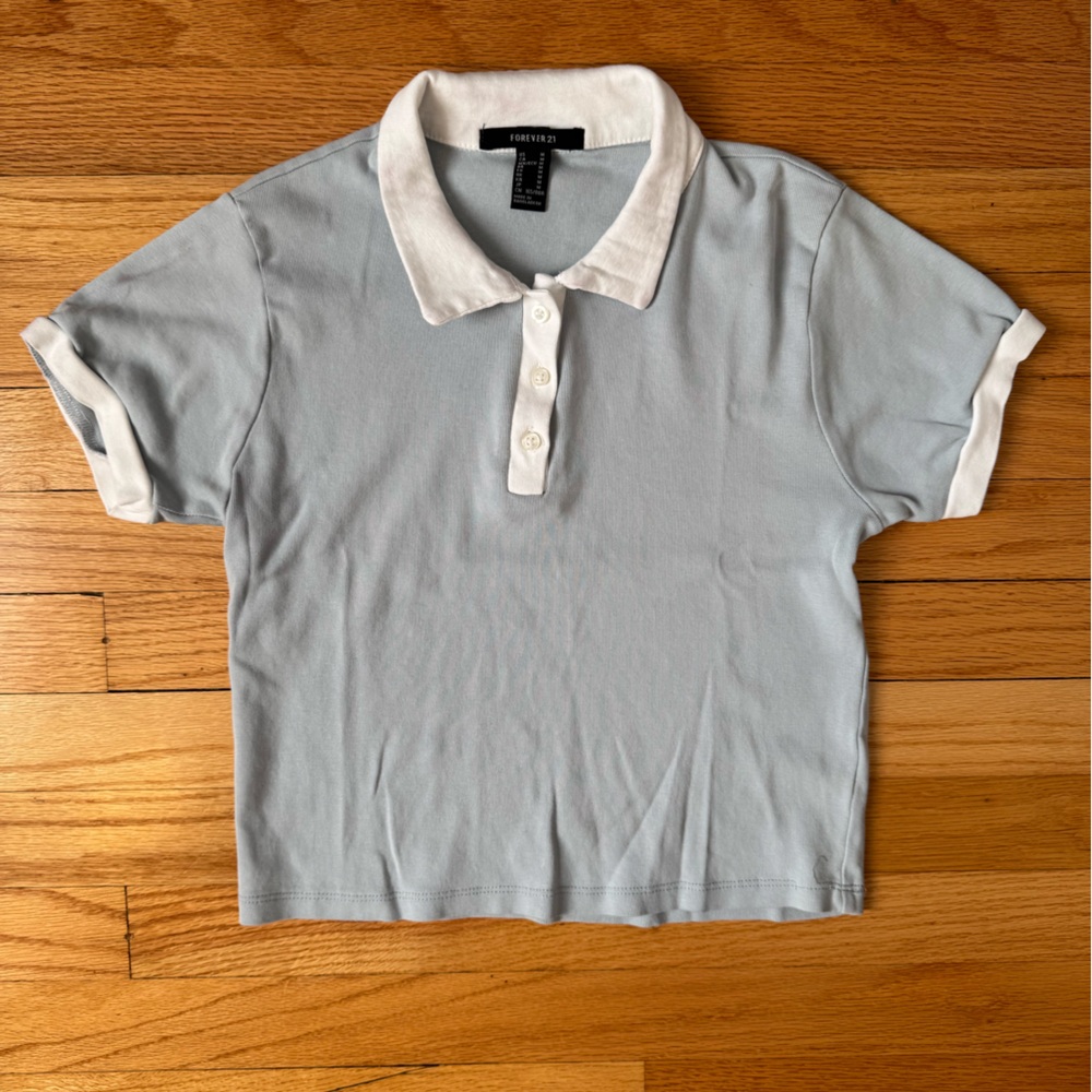 Forever 21 Juniors Light Blue and White Top